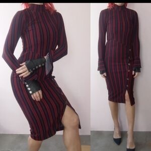 Nwt H.lorenzo N12H Italian Vertical Stripe Fall Knit Button Midi Dress Xs